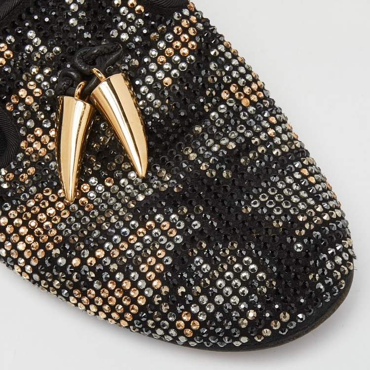 Pre Owned Giuseppe Zanotti Black Crystal Embellished Suede Shark Tooth Smoking Slippers Size 38.5