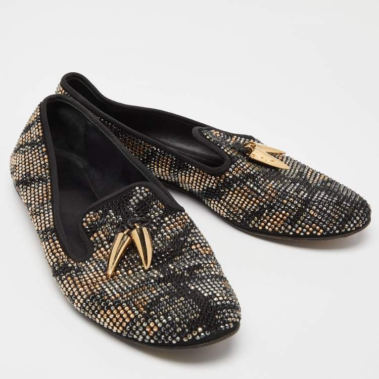 Pre Owned Giuseppe Zanotti Black Crystal Embellished Suede Shark Tooth Smoking Slippers Size 38.5