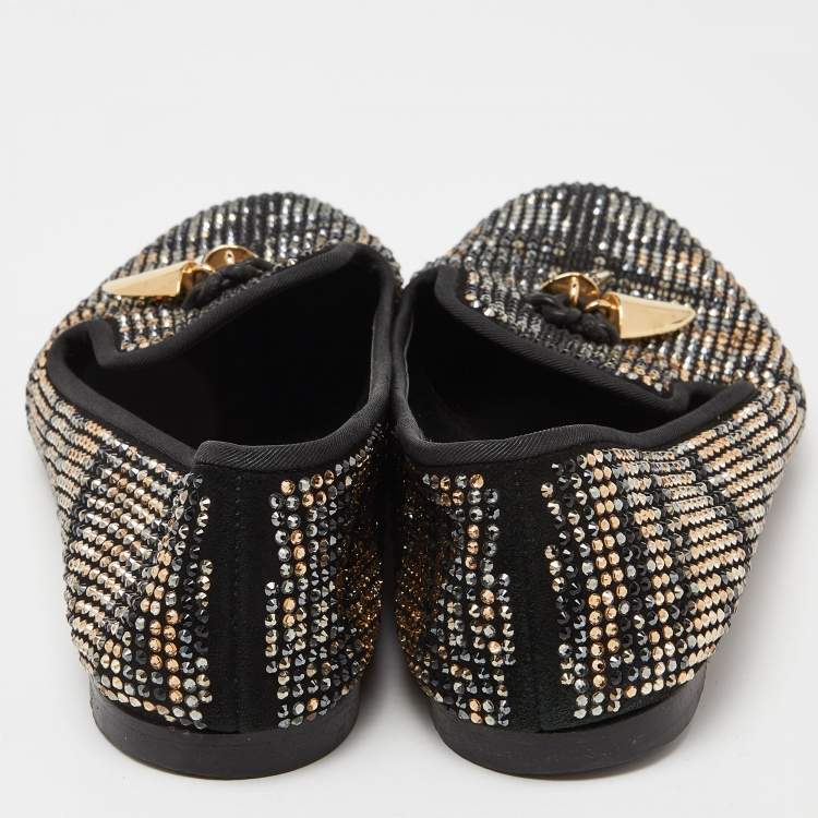 Pre Owned Giuseppe Zanotti Black Crystal Embellished Suede Shark Tooth Smoking Slippers Size 38.5