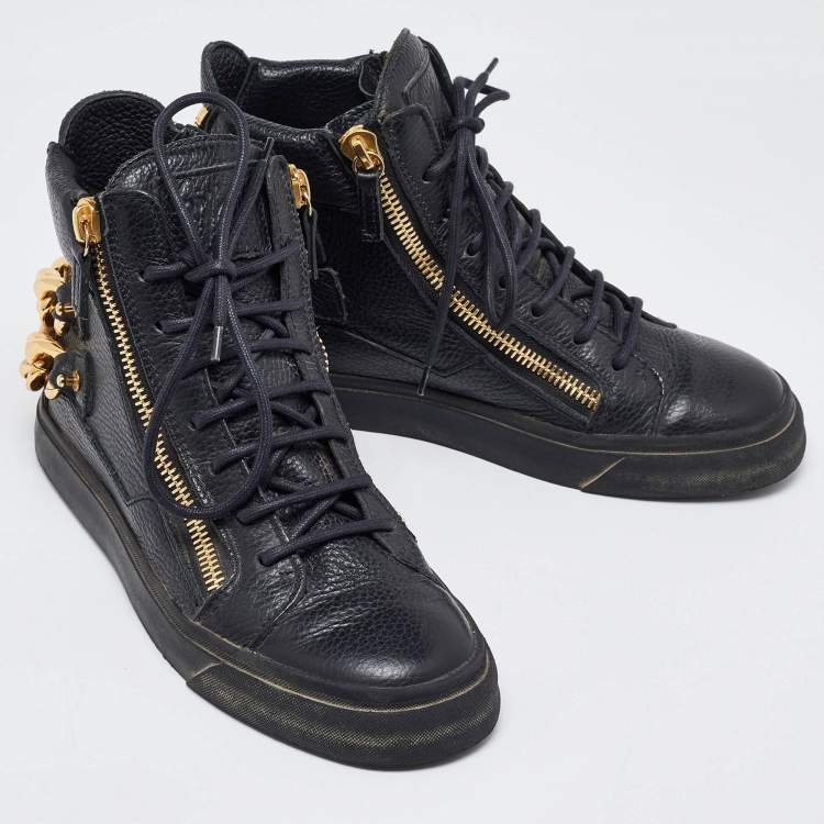Pre Owned Giuseppe Zanotti Black Leather Chain Embellished High Top Sneakers Size 38