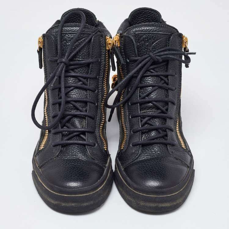 Pre Owned Giuseppe Zanotti Black Leather Chain Embellished High Top Sneakers Size 38