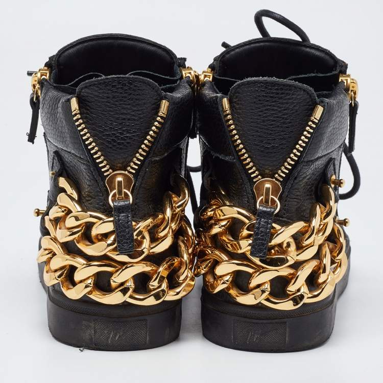 Pre Owned Giuseppe Zanotti Black Leather Chain Embellished High Top Sneakers Size 38