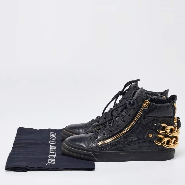 Pre Owned Giuseppe Zanotti Black Leather Chain Embellished High Top Sneakers Size 38