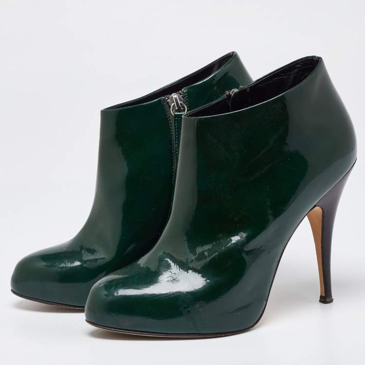 Pre Owned Giuseppe Zanotti Dark Green Patent Leather Ankle Booties Size 38.5