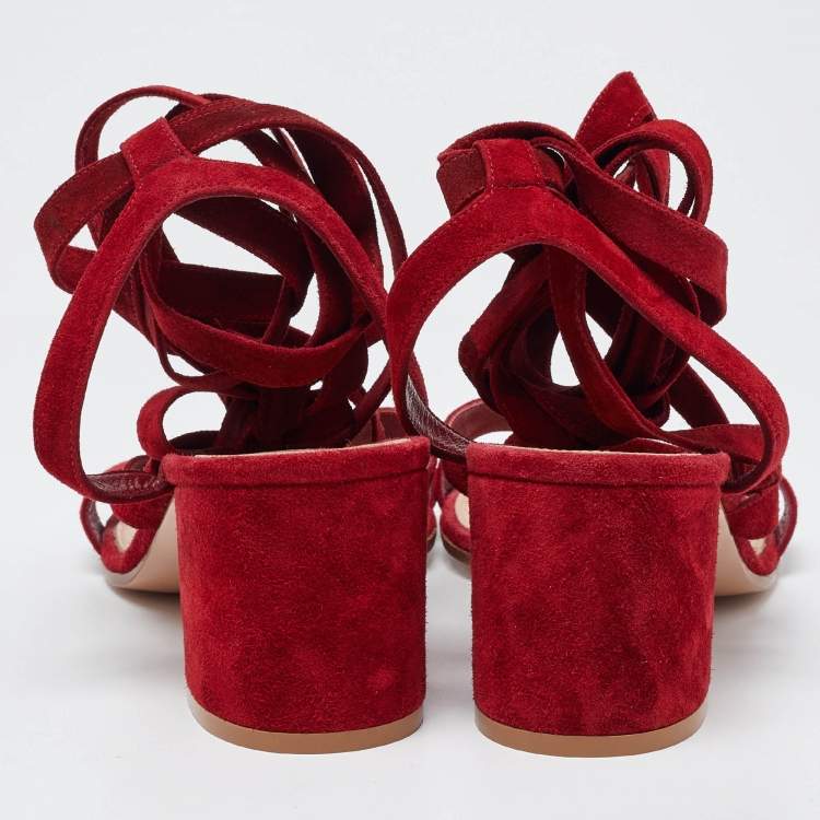Pre Owned Gianvito Rossi Red Suede Block Heel Ankle Wrap Sandals Size 41
