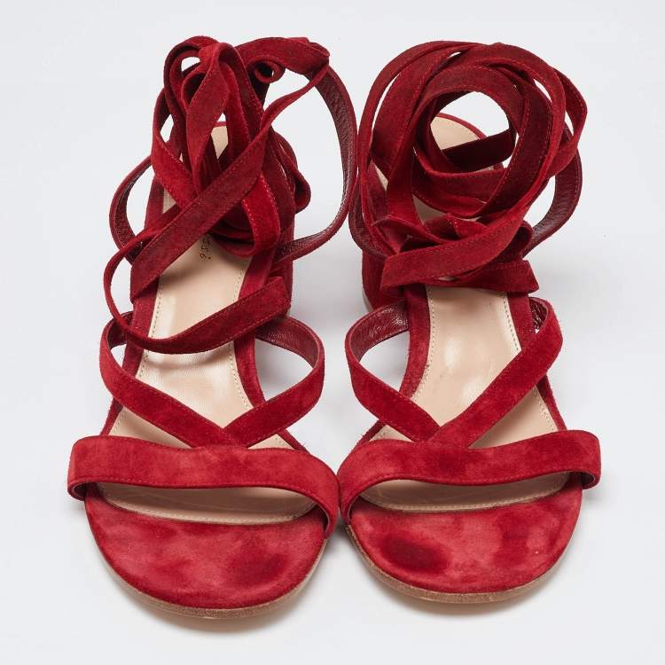 Pre Owned Gianvito Rossi Red Suede Block Heel Ankle Wrap Sandals Size 41