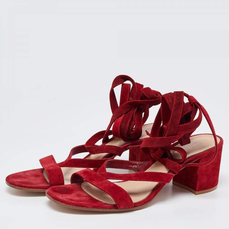 Pre Owned Gianvito Rossi Red Suede Block Heel Ankle Wrap Sandals Size 41