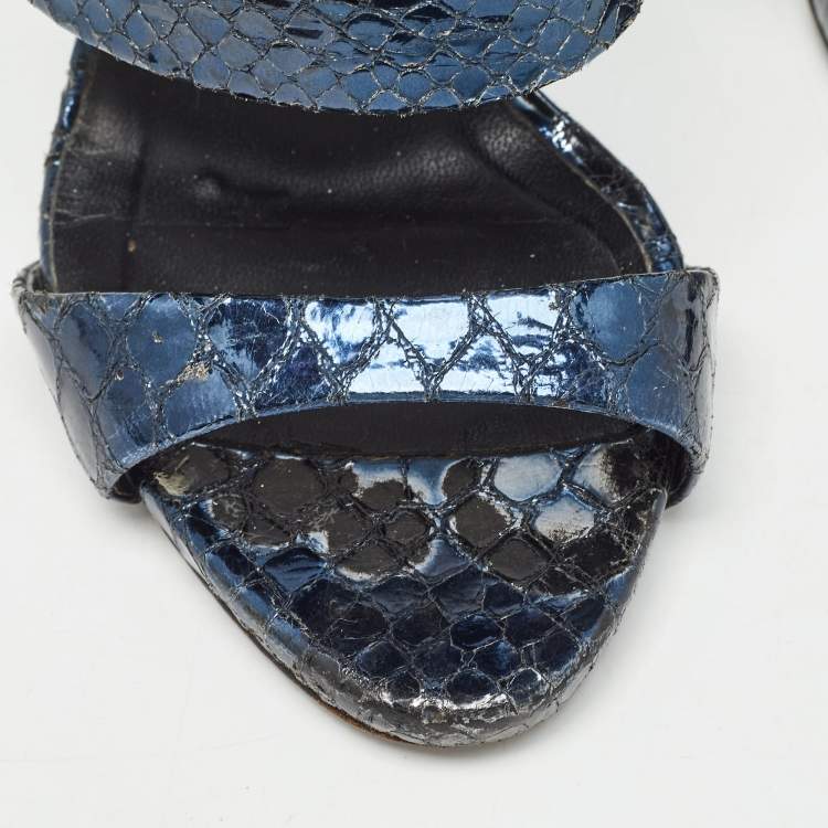 Pre Owned Giuseppe Zanotti Metallic Blue Python Embossed Leather Andrea Sandals Size 36