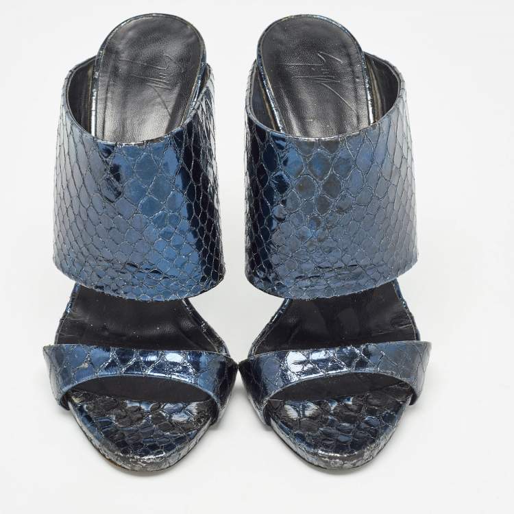 Pre Owned Giuseppe Zanotti Metallic Blue Python Embossed Leather Andrea Sandals Size 36