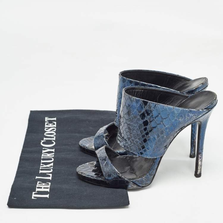 Pre Owned Giuseppe Zanotti Metallic Blue Python Embossed Leather Andrea Sandals Size 36