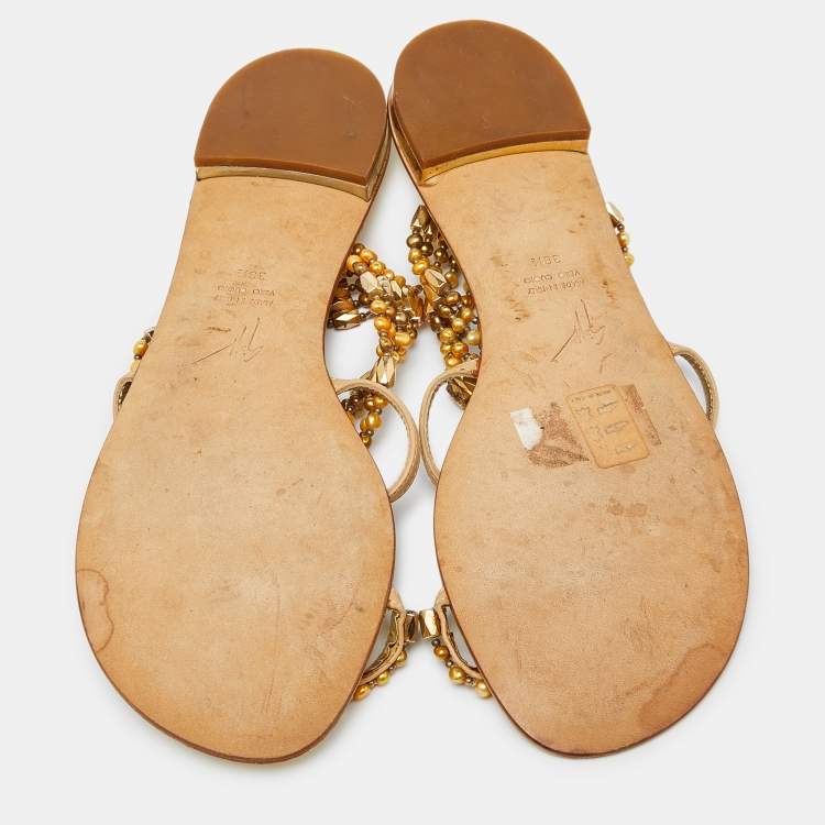 Pre Owned Giuseppe Zanotti Beige/Gold Leather Crystal Embellished Chain Thong Flat Sandals Size 38.5