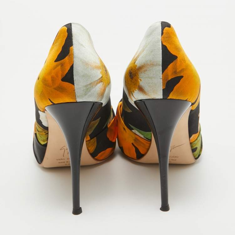 Pre Owned Giuseppe Zanotti Multicolor Satin Floral Silk Peep Toe Pumps Size 40