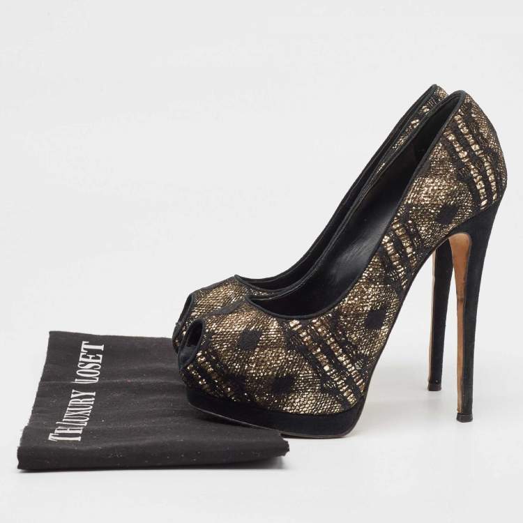 Pre Owned Giuseppe Zanotti Black/Gold Lace and Sequins Platform Peep Toe Pumps Size 37