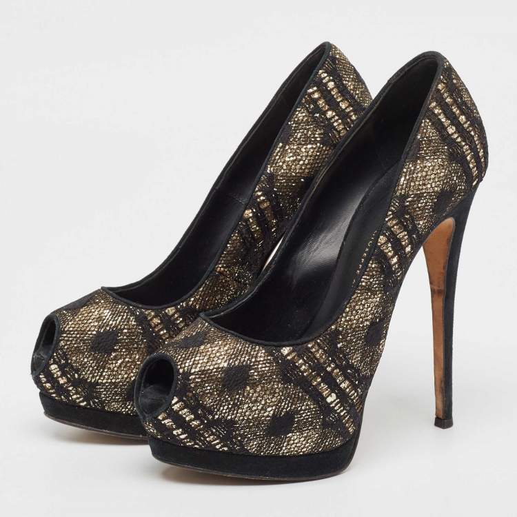 Pre Owned Giuseppe Zanotti Black/Gold Lace and Sequins Platform Peep Toe Pumps Size 37