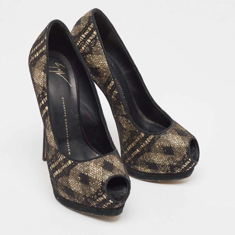 Pre Owned Giuseppe Zanotti Black/Gold Lace and Sequins Platform Peep Toe Pumps Size 37
