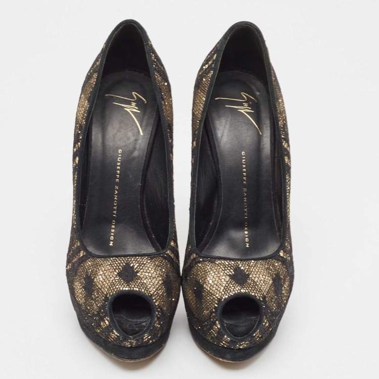 Pre Owned Giuseppe Zanotti Black/Gold Lace and Sequins Platform Peep Toe Pumps Size 37