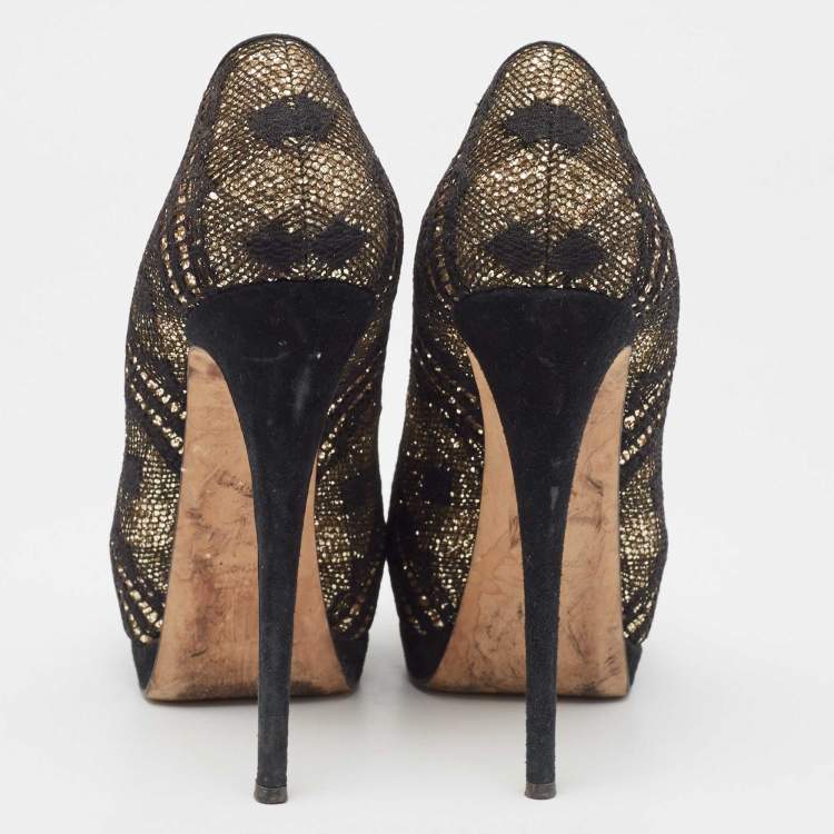 Pre Owned Giuseppe Zanotti Black/Gold Lace and Sequins Platform Peep Toe Pumps Size 37