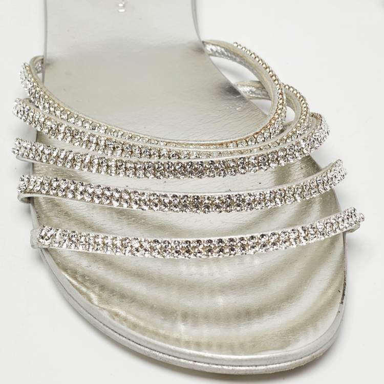 Pre Owned Giuseppe Zanotti Silver Crystal Embellished Leather Strappy Slides Size 41