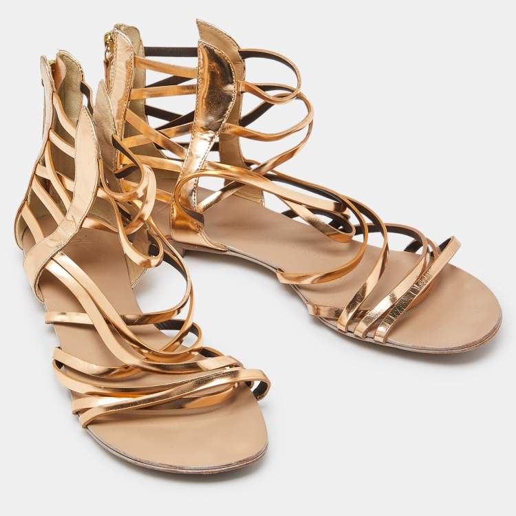 Pre Owned Giuseppe Zanotti Gold Leather Ankle Cuff Flat Sandals Size 38.5