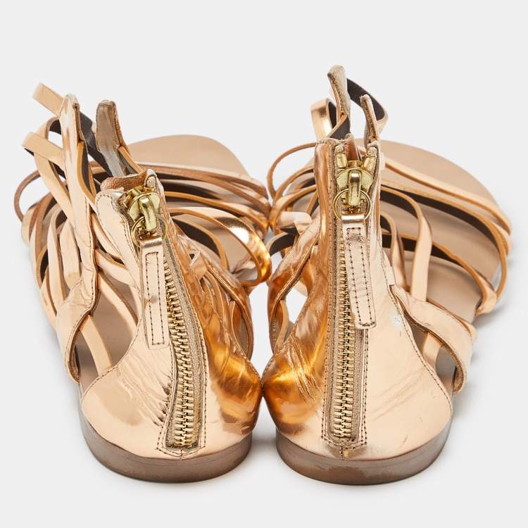 Pre Owned Giuseppe Zanotti Gold Leather Ankle Cuff Flat Sandals Size 38.5