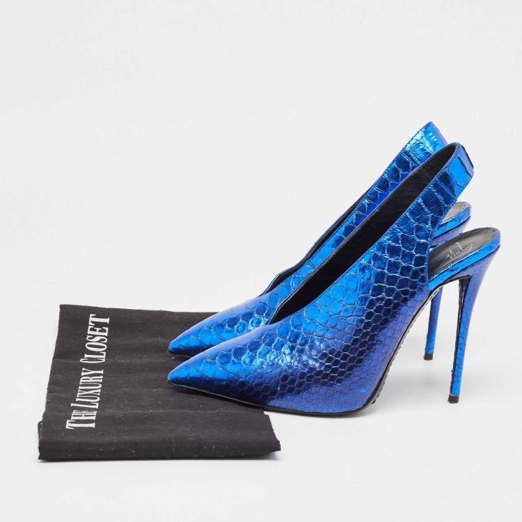 Pre Owned Giuseppe Zanotti Metallic Blue Embossed Python Slingback Pumps Size 38