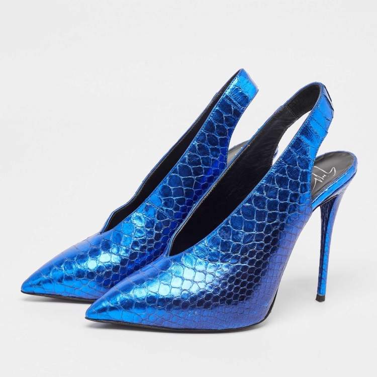 Pre Owned Giuseppe Zanotti Metallic Blue Embossed Python Slingback Pumps Size 38