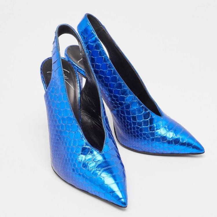 Pre Owned Giuseppe Zanotti Metallic Blue Embossed Python Slingback Pumps Size 38