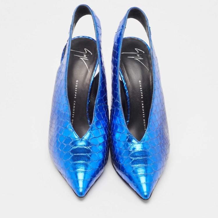Pre Owned Giuseppe Zanotti Metallic Blue Embossed Python Slingback Pumps Size 38