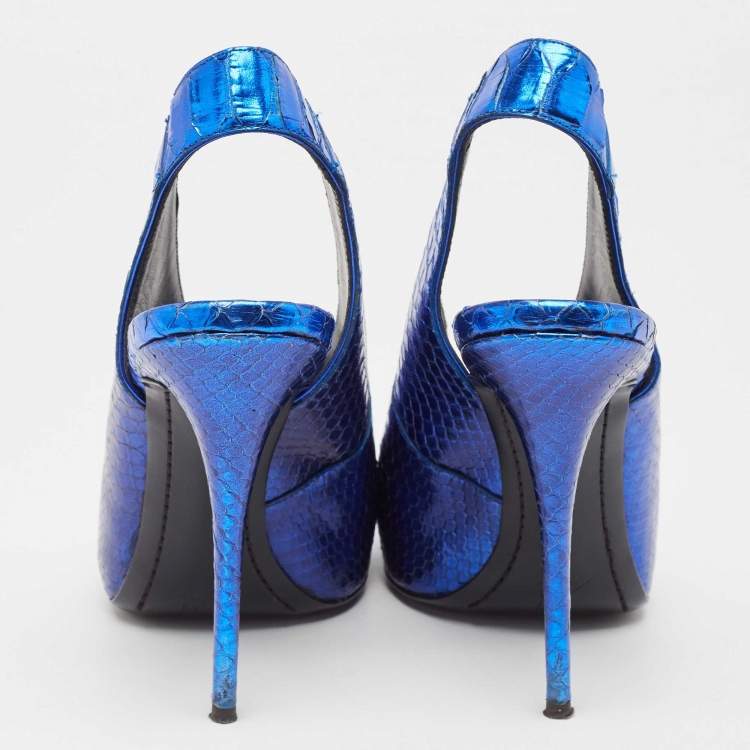 Pre Owned Giuseppe Zanotti Metallic Blue Embossed Python Slingback Pumps Size 38
