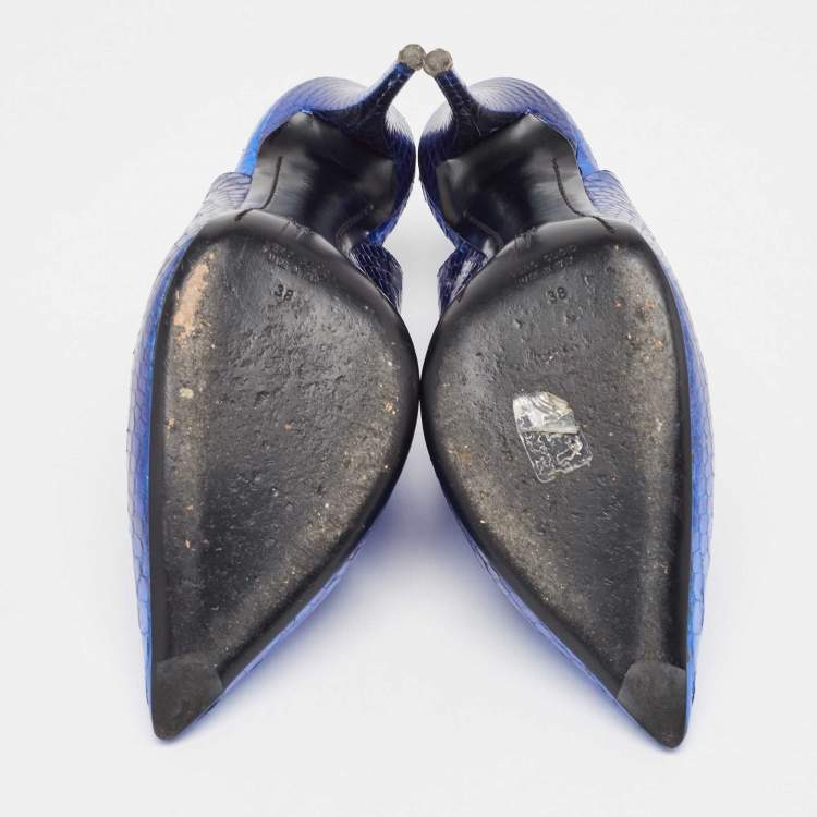 Pre Owned Giuseppe Zanotti Metallic Blue Embossed Python Slingback Pumps Size 38
