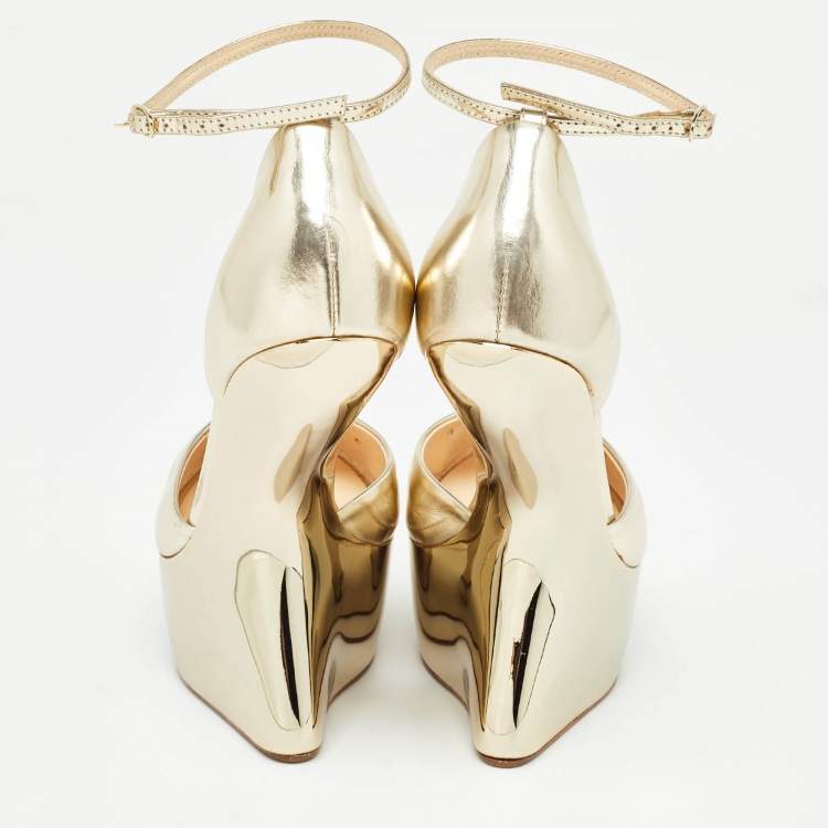 Pre Owned Giuseppe Zanotti Gold Leather Platform Ankle Strap Sandals Size 36