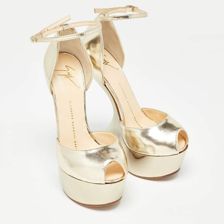 Pre Owned Giuseppe Zanotti Gold Leather Platform Ankle Strap Sandals Size 36
