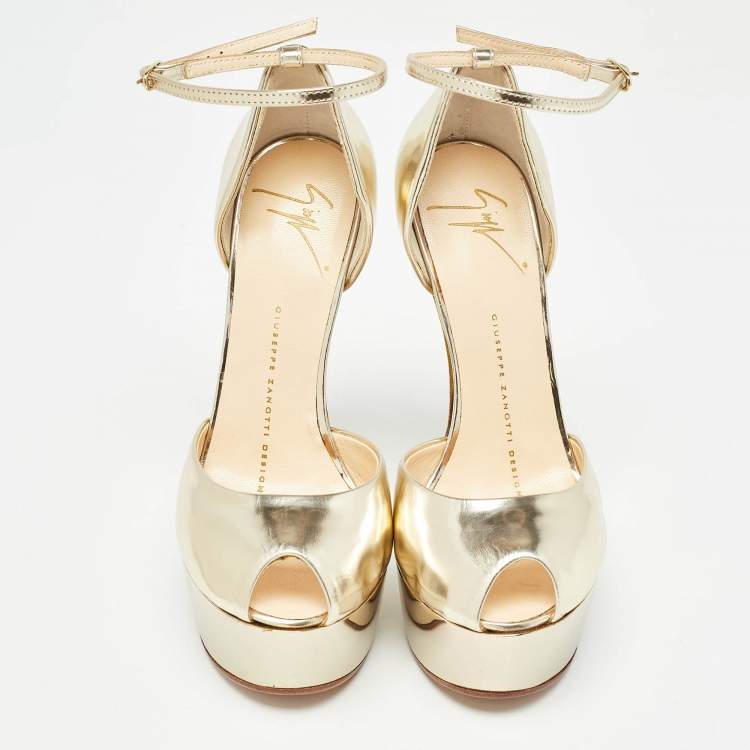 Pre Owned Giuseppe Zanotti Gold Leather Platform Ankle Strap Sandals Size 36