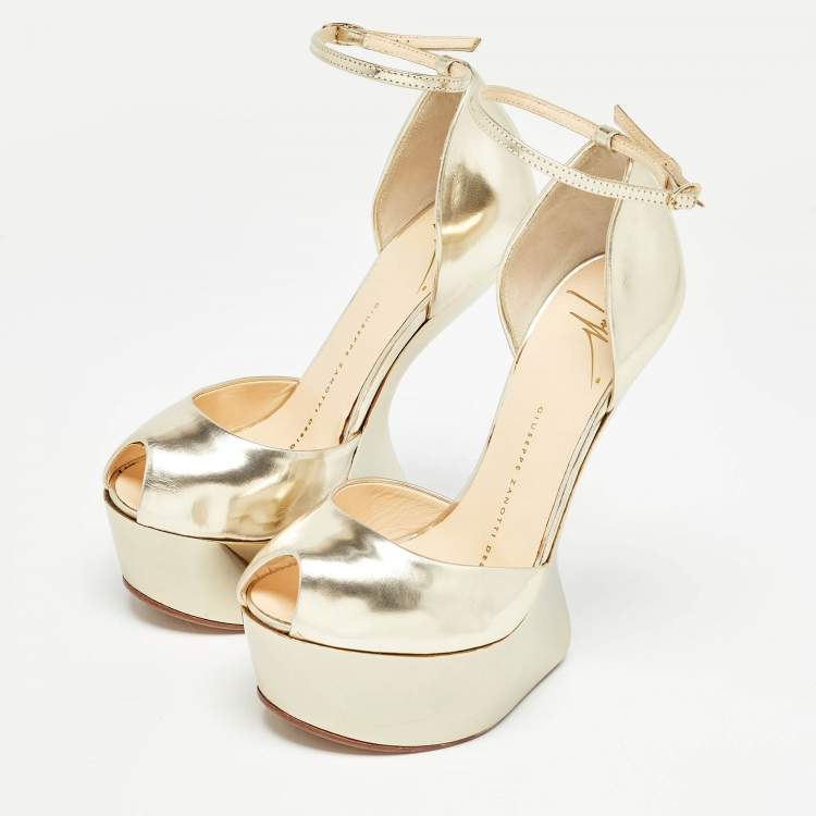Pre Owned Giuseppe Zanotti Gold Leather Platform Ankle Strap Sandals Size 36
