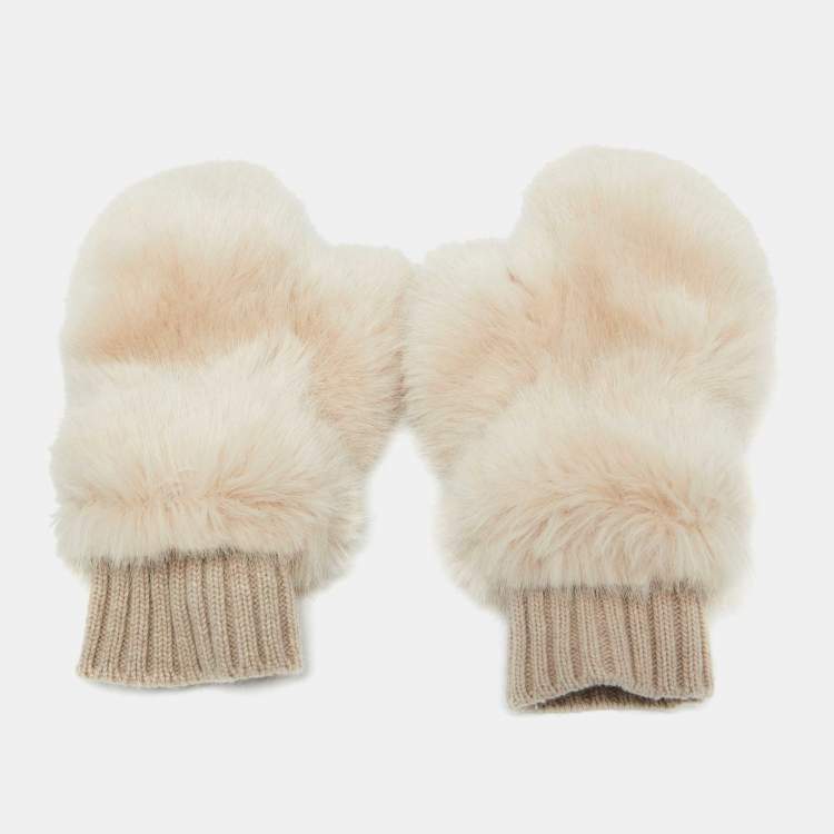 Pre Owned Givenchy Ivory Cashmere & Faux Fur Mittens
