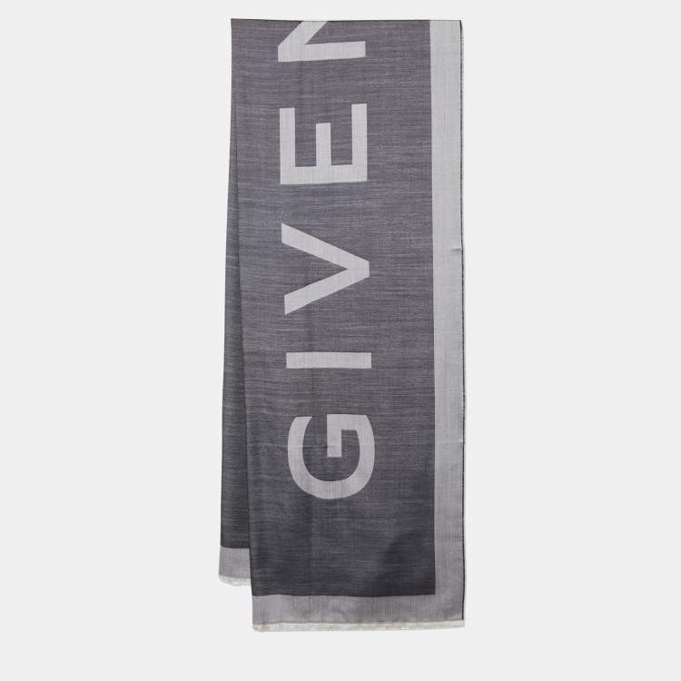 Pre Owned Givenchy Charcoal Grey Logo Jacquard Silk & Wool Scarf