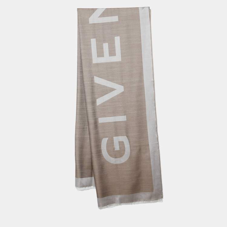 Pre Owned Givenchy Brown Logo Jacquard Silk & Wool Scarf