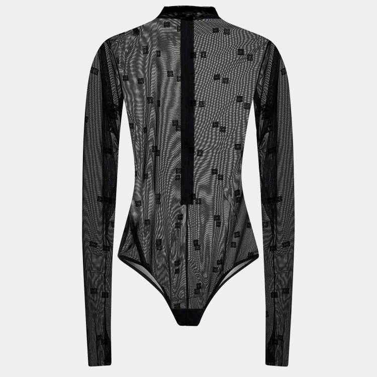 Pre Owned Givenchy Black 4G Mesh Long Sleeves Mock Neck Bodysuit L