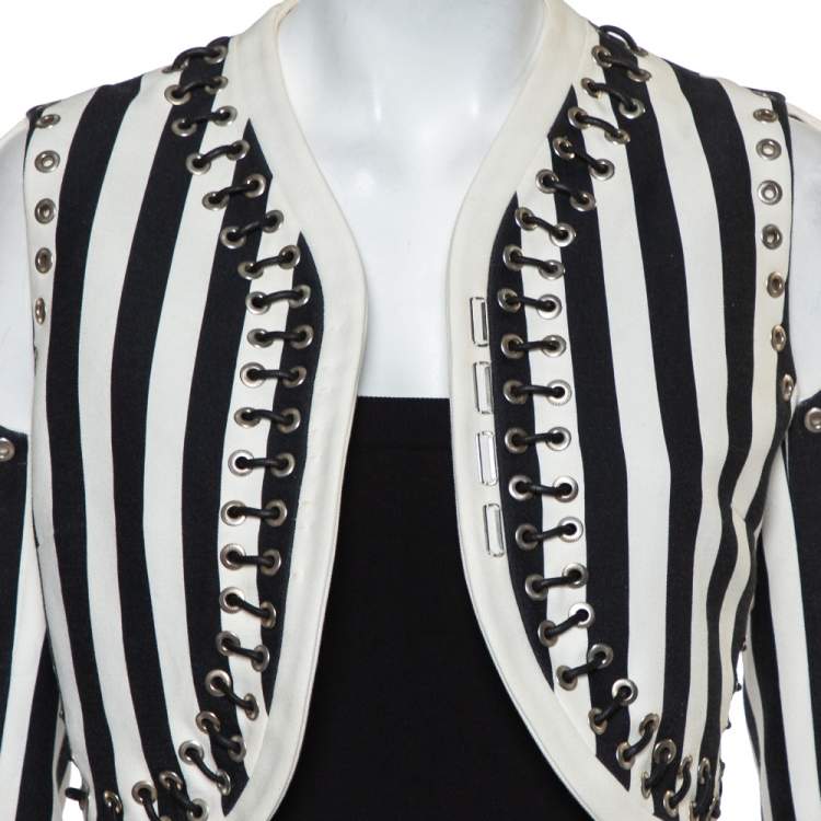 Pre Owned Givenchy Monochrome Denim Cutout Sleeve Lace Tie Detail Cropped Jacket M