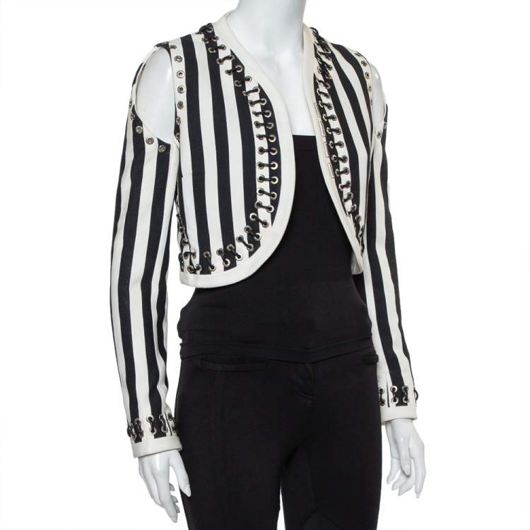 Pre Owned Givenchy Monochrome Denim Cutout Sleeve Lace Tie Detail Cropped Jacket M