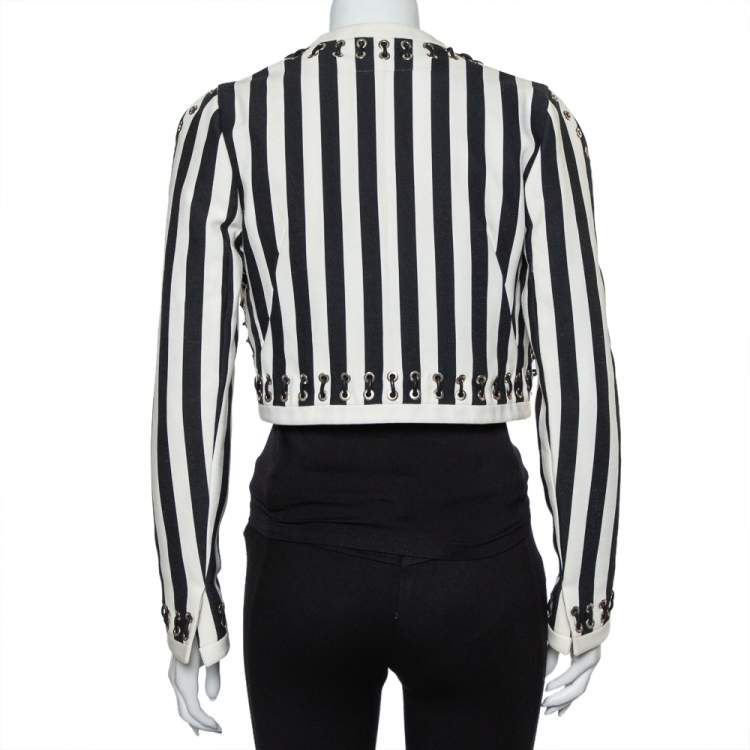 Pre Owned Givenchy Monochrome Denim Cutout Sleeve Lace Tie Detail Cropped Jacket M