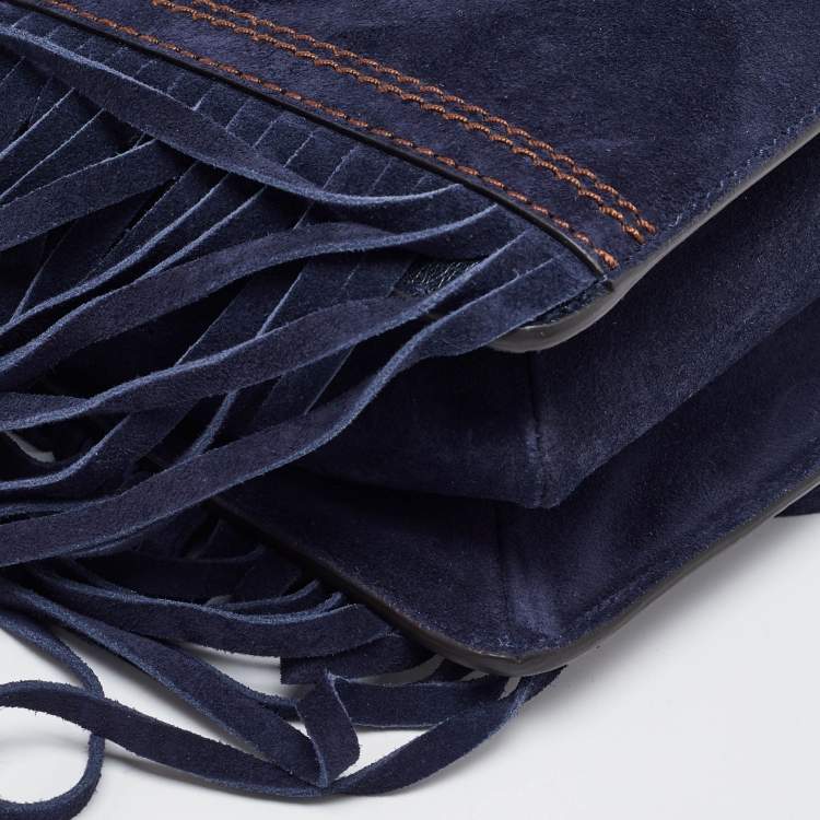 Pre Owned Givenchy Navy Blue Leather and Suede Fringe Crossbody Bag