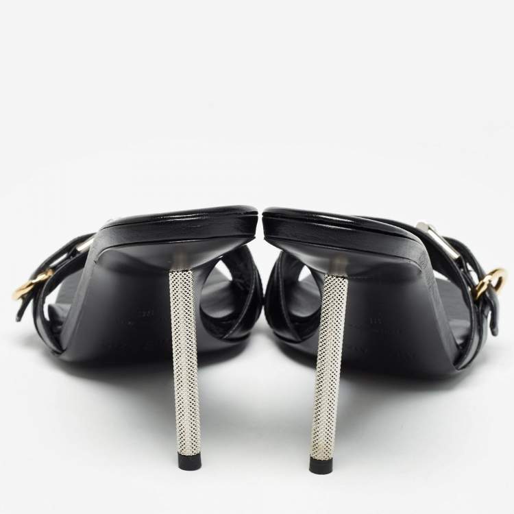 Pre Owned Givenchy Black Leather Voyou Slide Sandals Size 38