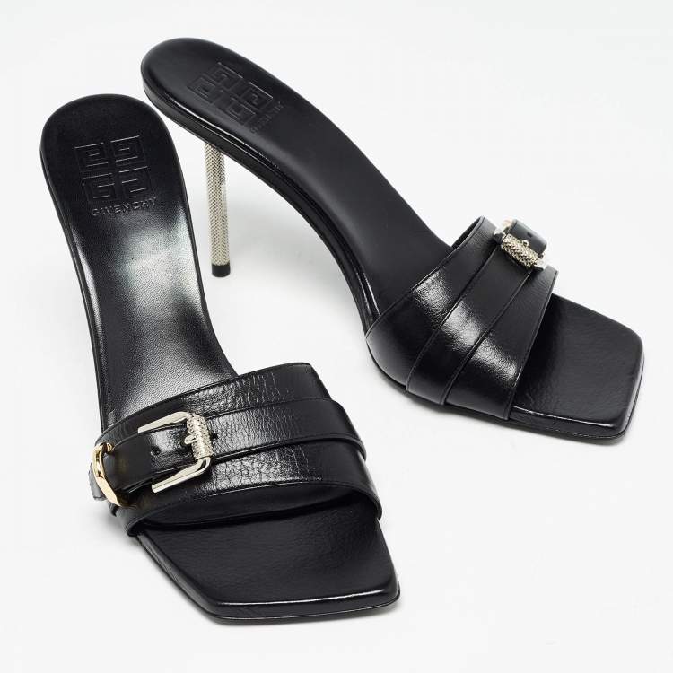 Pre Owned Givenchy Black Leather Voyou Slide Sandals Size 38
