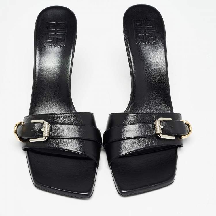 Pre Owned Givenchy Black Leather Voyou Slide Sandals Size 38