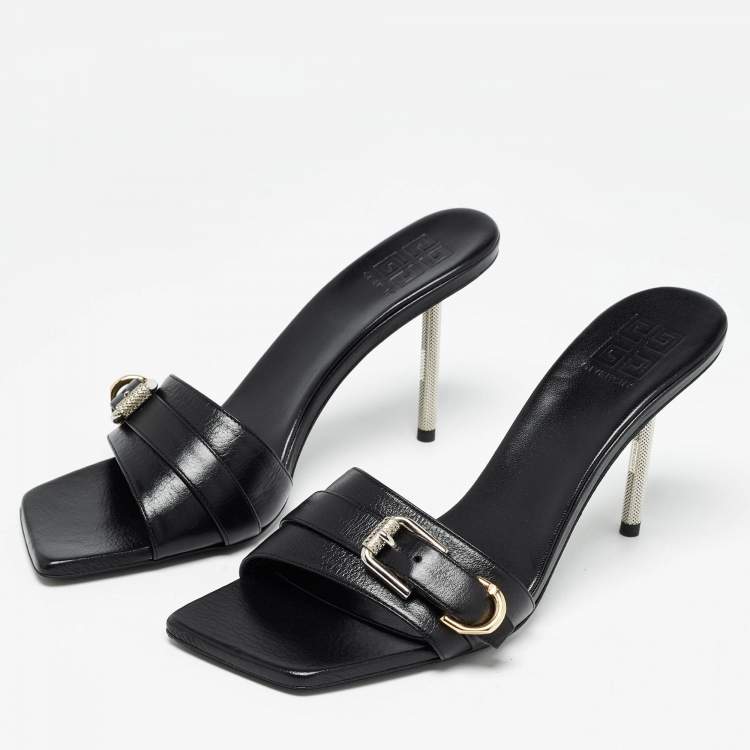 Pre Owned Givenchy Black Leather Voyou Slide Sandals Size 38