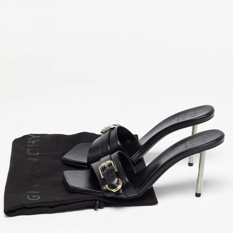 Pre Owned Givenchy Black Leather Voyou Slide Sandals Size 38