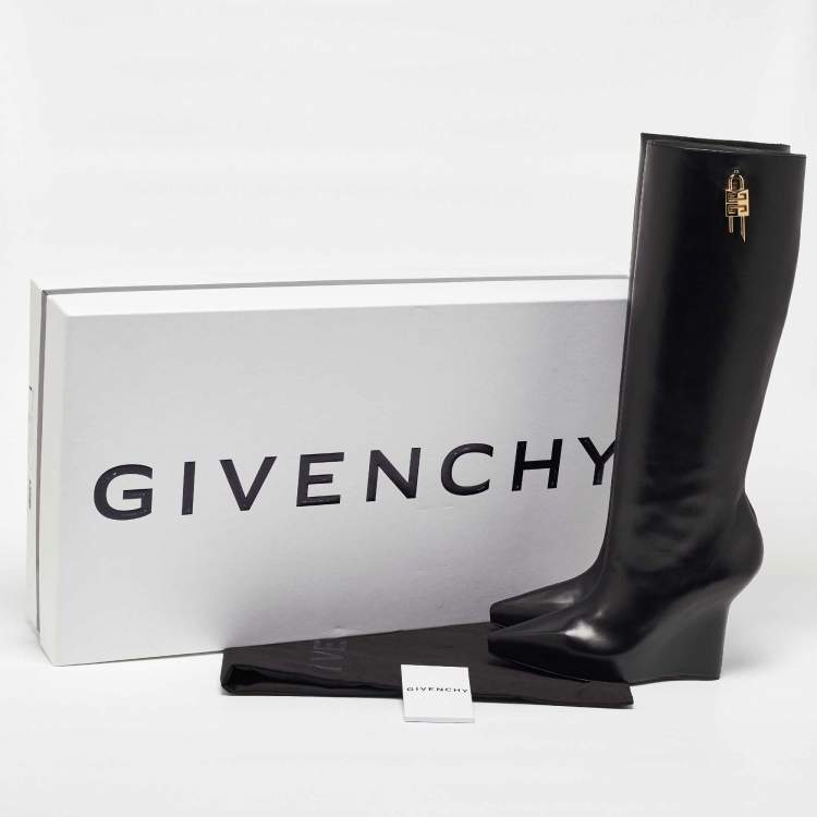 Pre Owned Givenchy Black Leather Wedge Knee Length Boots Size 37
