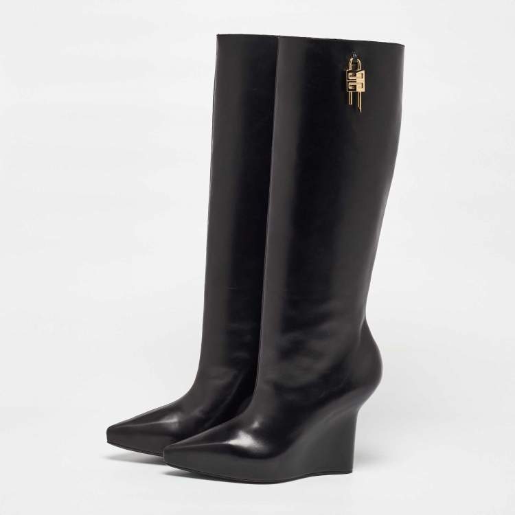 Pre Owned Givenchy Black Leather Wedge Knee Length Boots Size 37