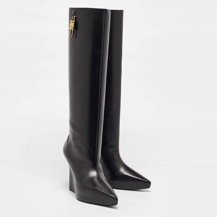 Pre Owned Givenchy Black Leather Wedge Knee Length Boots Size 37